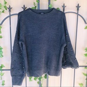 a.n.a Sweater L XL Gray Crop Studded Medium Knit